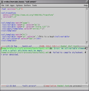 Errors are displayed in a compilation-like buffer (201528 bytes).